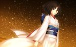  brown_eyes brown_hair japanese_clothes kara_no_kyoukai kimono kotera_ryou looking_at_viewer night obi ryougi_shiki sash short_hair snow solo 