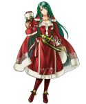  1girl bag bangs belt boots breasts cape cecilia_(fire_emblem) cleavage closed_mouth collarbone dress elbow_gloves eyebrows_visible_through_hair fire_emblem fire_emblem:_fuuin_no_tsurugi fire_emblem_heroes full_body fur_trim gloves green_eyes green_hair highres holding kita_senri long_hair looking_at_viewer medium_breasts nintendo official_art red_dress red_footwear ribbon shiny shiny_hair smile solo standing strapless strapless_dress transparent_background 