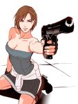  1girl aiming aiming_at_viewer arm_at_side arm_support arm_up bangs bare_arms bare_legs bare_shoulders black_gloves black_skirt blue_eyes blue_tubetop boots breasts brown_footwear brown_hair capcom cleavage closed_mouth collarbone female fingerless_gloves gloves gun highres holding holding_gun holding_weapon jill_valentine legs lips lipstick looking_at_viewer makeup medium_breasts neck on_floor pencil_skirt pink_lipstick resident_evil resident_evil_3 sardine_(artist) seiza short_hair simple_background sitting skirt solo strapless sweater swept_bangs tile_floor tiles tubetop weapon white_background 