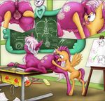  2015 absurd_res age_difference alcor90 anus bdsm blindfold blush bondage bound butt chalk_board cheerilee_(mlp) clitoris clock cunnilingus desk dock duo earth_pony english_text equine female female/female feral friendship_is_magic fur hair hi_res horse inner_ear_fluff inside mammal my_little_pony oral orange_fur paper pegasus pencil pony purple_eyes purple_fur purple_hair pussy pussy_juice rope scootaloo_(mlp) sex shaking smile spread_pussy spreading sucking teacher teats text trembling vaginal wings young 