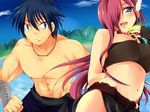  1boy 1girl abs aoi_sekai_no_chuushin_de blue_eyes blue_hair breasts cloud clouds fingerless_gloves gear_(aoi_sekai_no_chuushin_de) gloves hair_ornament hair_over_one_eye large_breasts long_hair looking_at_viewer midriff navel necklace opal_(aoi_sekai_no_chuushin_de) open_mouth purple_hair short_hair sky smile water 
