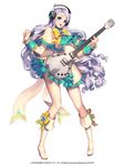 blue_eyes boots braid chaos_online company_name copyright_name dress full_body guitar happy headphones highres instrument knee_boots long_hair love_cacao mayreel official_art pigeon-toed purple_hair simple_background solo standing white_background white_footwear 