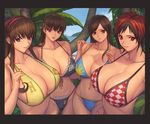  bikini black_bikini blue_eyes breasts brown_eyes brown_hair checkered checkered_bikini collarbone day dead_or_alive dead_or_alive_5 front-tie_bikini front-tie_top green_eyes groin hitomi_(doa) huge_breasts ibanen index_finger_raised kokoro_(doa) lei_fang long_hair looking_at_viewer mila_(doa) multicolored_hair multiple_girls navel open_mouth outdoors palm_tree parted_lips plant print_bikini purple_eyes red_hair short_hair smile swimsuit tree yellow_bikini 
