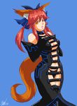  animal_ears black_dress black_panties blue_legwear breasts center_opening choker cleavage detached_sleeves dress fate/extra fate_(series) fox_ears fox_tail hair_ribbon kiwi_(artist) large_breasts long_dress navel panties pink_hair revealing_clothes ribbon signature solo tail tamamo_(fate)_(all) tamamo_no_mae_(fate) twintails underwear yellow_eyes 