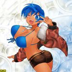  1girl blue_eyes blue_hair blush bouncing_breasts breasts copyright_request female happy large_breasts looking_at_viewer looking_back one_eye_closed short_hair smile solo sudachi_(omc) 