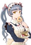  bag bangs blue_hair blunt_bangs doughnut eating eyebrows food food_in_mouth long_hair looking_at_viewer maid maid_headdress maria_holic orz_(orz57) paper_bag shinouji_matsurika solo twintails wrist_cuffs yellow_eyes 