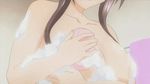 1girl amaya_haruko animated animated_gif areolae breast_hold breasts female large_breasts long_hair maken-ki! nipples nude purple_hair smile solo 