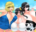  3girls beach black_eyes black_hair blonde_hair breasts cleavage copyright_request gigantic_breasts green_eyes long_hair looking_at_viewer multiple_girls open_mouth silver_eyes smile sudachi_(omc) 