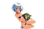  bikini blue_eyes blue_hair breasts choker cleavage dark_skin food front-tie_top fruit hair_between_eyes harada_takehito looking_at_viewer medium_breasts million_arthur_(series) navel open_mouth sandals shiny shiny_skin side-tie_bikini sitting solo swimsuit transparent_background watermelon yokozuwari 