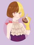  blonde_hair bob_cut brown_hair chocolat_french chocolat_french_caster_chocolat doughnut face food french_cruller gloves jojon lips looking_at_viewer mister_donut mole mole_under_eye multicolored_hair personification short_hair simple_background sleeveless solo two-tone_hair upper_body 