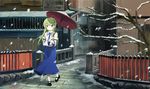  air_conditioner bare_shoulders bridge chokokorone_(artist) detached_sleeves frog_hair_ornament green_hair hair_ornament kochiya_sanae kyoto long_hair long_sleeves oriental_umbrella real_world_location shirt skirt smile snake_hair_ornament snowing solo touhou town umbrella very_long_hair wide_sleeves 