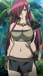  aoi_sekai_no_chuushin_de arrow belt blue_eyes bow breasts cleavage female fingerless_gloves gloves hair_ornament hair_over_one_eye highres jungle large_breasts midriff nature navel necklace opal_(aoi_sekai_no_chuushin_de) palm_tree purple_hair screencap skirt solo stitched sweatdrop very_long_hair weapon 