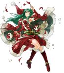  1girl armpits bag bangs bare_shoulders belt boots breasts cape cecilia_(fire_emblem) dress eyebrows_visible_through_hair fire_emblem fire_emblem:_fuuin_no_tsurugi fire_emblem_heroes full_body fur_trim green_eyes green_hair highres holding kita_senri knee_boots long_hair medium_breasts nintendo official_art one_eye_closed parted_lips pom_pom_(clothes) red_dress red_footwear scar shiny shiny_hair solo strapless strapless_dress torn_clothes transparent_background 