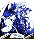  bat_wings chin_rest drinking_straw flower grin hat monochrome paper red_eyes remilia_scarlet revision shikishi short_hair smile solo spot_color touhou traditional_media warugaki_(sk-ii) wings wrapper 