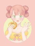  bare_shoulders blush doughnut face food green_eyes jojon looking_at_viewer mister_donut nail_polish open_mouth personification pon_de_ring simple_background solo upper_body 