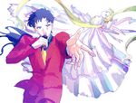  androgynous bishoujo_senshi_sailor_moon black_hair blonde_hair dress formal highres hoshiai_tora long_hair microphone multiple_girls music outstretched_hand ponytail princess_serenity seiya_kou singing tsukino_usagi twintails very_long_hair white_dress 