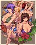  :d ;d ayane_(doa) barefoot beak bikini bird blonde_hair blue_eyes breasts brown_hair clenched_hand collarbone copyright_name crossed_arms dead_or_alive dead_or_alive_5 floral_print flower hairband hibiscus hitomi_(doa) huge_breasts ibanen lei_fang mila_(doa) multicolored_hair multiple_girls navel one_eye_closed open_mouth plant purple_eyes purple_hair red_eyes red_hair shorts sitting slingshot_swimsuit smile striped striped_bikini striped_swimsuit surfboard swimsuit tina_armstrong toes 