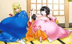  breast_smother breasts copyright_request gigantic_breasts green_eyes japanese_clothes kimono sudachi_(omc) 