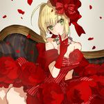  ahoge april_fools blonde_hair breasts cleavage dress earrings fate/extra fate_(series) finger_to_mouth flower flower_earrings gloves green_eyes idol_emperor jewelry medium_breasts necklace nero_claudius_(fate) nero_claudius_(fate)_(all) official_art petals red_flower red_gloves red_rose rose short_hair solo strapless strapless_dress striped striped_dress wada_aruko 