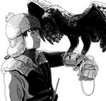  animal_on_arm bird bird_on_arm gloves greyscale hat hawk looking_at_another male_focus monochrome original re:i rope shaded_face simple_background solo spread_wings white_background winter_clothes 