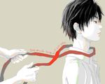  black_hair blue_eyes english from_side garrote hands male_focus oekaki original out_of_frame re:i red_ribbon ribbon simple_background solo_focus spot_color tan_background 