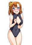  absurdres blue_eyes bow breasts brown_hair cowboy_shot front_zipper_swimsuit highres kousaka_honoka love_live! love_live!_school_idol_project medium_breasts meme_attire one-piece_swimsuit one_side_up open_mouth short_hair solo swimsuit wavy_mouth yellow_bow yopparai_oni 