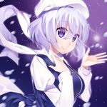  blue_dress breasts dress hat highres juliet_sleeves large_breasts letty_whiterock long_sleeves looking_at_viewer niwashi_(yuyu) puffy_sleeves purple_eyes scarf shirt silver_hair smile solo touhou white_scarf 