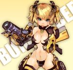  akanbe autobot bebe1999 blonde_hair breasts bumblebee cleavage double_bun green_eyes headgear highres large_breasts mecha_musume navel personification short_hair thighhighs tongue tongue_out transformers weapon 