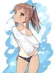  black_panties breasts brown_eyes brown_hair i-401_(kantai_collection) kantai_collection looking_at_viewer no_pants off_shoulder one-piece_tan panties ponytail pulled_by_self shirt shirt_pull small_breasts solo t-shirt tan tanline tunamayochan underboob underwear white_shirt 