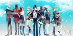  6+boys aegis_(persona) amada_ken aragaki_shinjirou back-to-back beanie black_hair blonde_hair brown_hair dog hat headphones highres iori_junpei kirijou_mitsuru koromaru lineup long_hair mentaishi mochizuki_ryouji multiple_boys multiple_girls persona persona_3 sanada_akihiko scarf school_uniform short_hair smile takeba_yukari trench_coat yamagishi_fuuka yuuki_makoto 