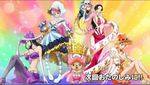  1boy 4girls black_eyes black_hair boa_hancock breasts brown_eyes crown high_heels jewelry large_breasts long_hair multiple_girls nami nico_robin one_piece orange_hair perona pink_hair sandals screenshot smile tony_tony_chopper 