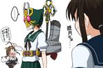  ahoge bare_shoulders boots brown_hair buck_teeth commentary_request detached_sleeves fubuki_(kantai_collection) iyami japanese_clothes kamen_rider kamen_rider_blade_(series) kamen_rider_leangle kantai_collection kongou_(kantai_collection) koutarou_(plusdrive) long_hair machinery mask multiple_girls mutsuki_(kantai_collection) namesake nontraditional_miko osomatsu-kun pleated_skirt rider_belt school_uniform serafuku sheeeh! short_ponytail skirt staff sweatdrop thigh_boots thighhighs translation_request 