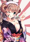  ;q alternate_costume anal anal_object_insertion aqua_eyes bandaid bandaid_on_face blush breasts brown_hair calligraphy_brush cleavage flower hair_flower hair_ornament horns injury japanese_clothes kantai_collection kimono kumano_(kantai_collection) large_breasts long_hair looking_at_viewer multiple_girls obi object_insertion off_shoulder one_eye_closed paintbrush ponytail sash sheep_horns simple_background smile suzuya_(kantai_collection) tenchou_no_matsumoto tongue tongue_out twister upper_body v white_background 
