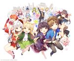  3boys 6+girls :d ;d animal_ears antlers barefoot bird_wings blonde_hair blue_hair brown_eyes brown_hair bun_cover character_request china_dress chinese_clothes copyright_name creature detached_sleeves double_bun dress fang frog gilse green_eyes green_hair grey_eyes hat jacket jumping locked_arms mons_panic multiple_boys multiple_girls one_eye_closed open_mouth orange_hair pink_hair pointing purple_eyes red_eyes shirt shoes silver_hair skirt smile star sweatdrop thighhighs twintails v waving wings yellow_eyes 