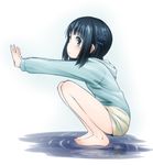  bad_id bad_twitter_id bare_legs barefoot black_hair blue_eyes blush folded_hair from_side full_body hair_rings hood hoodie inactive_account kokekokko_coma long_hair looking_at_viewer nagi_no_asukara open_mouth shiodome_miuna shorts solo squatting stretch twintails 