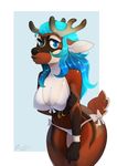  2015 anthro antlers bikini black_nose blue_eyes blue_hair bracelet breasts caindra cervine clothing deer female fur hair horn jewelry looking_at_viewer mammal plain_background solo swimsuit white_fur 
