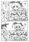  &gt;_&lt; 1boy 1girl admiral_(kantai_collection) closed_eyes greyscale hair_between_eyes hairband hat heart kantai_collection long_hair matsushita_yuu monochrome open_mouth peaked_cap shimakaze_(kantai_collection) translation_request 
