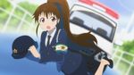  april_fools blush brown_eyes brown_hair female_service_cap game_cg hat hat_removed headwear_removed high_heels long_hair official_art police police_uniform policewoman ponytail solo taneshima_popura uniform working!! 