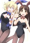  :d ^_^ animal_ears blonde_hair bow bowtie brown_eyes brown_hair bunny_ears bunnysuit closed_eyes detached_collar long_hair multiple_girls open_clothes open_mouth open_vest original osamada_meika pantyhose smile vest waving wrist_cuffs 