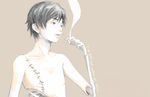  black_hair blue_eyes cigarette collarbone english exposed_bone looking_to_the_side male_focus oekaki original re:i ribs shirtless simple_background skeletal_arm smoke smoking solo stitches tan_background upper_body 