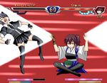  beam black_hair brown_hair eyepatch eyes_closed fighting_game hokuto_no_ken kaga_(kantai_collection) kantai_collection legs_crossed necktie parody skirt tenryuu_(kantai_collection) toki_(hokuto_no_ken) 