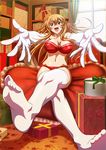  1girl ahoge aqua_eyes bare_shoulders blonde_hair breasts cleavage elbow_gloves fang feet female gloves ikkitousen large_breasts long_hair looking_at_viewer navel no_shoes official_art open_mouth sitting smile solo sonsaku_hakufu thighhighs toes 