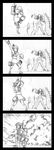  4koma braid comic eo_masaka explosion greyscale highres kamen_rider kamen_rider_black_rx_(series) kantai_collection kitakami_(kantai_collection) kneehighs kneeling long_hair machinery midriff monochrome multiple_girls navel neckerchief pleated_skirt poses ru-class_battleship school_uniform serafuku shield shinkaisei-kan shoes single_braid skirt smoke torpedo turret 