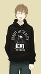  brown_hair bunny closed_eyes college_shirt english facing_viewer hand_in_pocket hood hood_down hoodie laughing male_focus open_mouth original pants print_shirt re:i shirt simple_background solo tan_background whiskers 