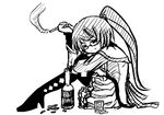  akemi_homura alcohol argyle argyle_legwear cigarette commentary greyscale highres invader long_hair magical_girl_noir_quest mahou_shoujo_madoka_magica matsuda_chiaki monochrome pleated_skirt ponytail sketch skirt 