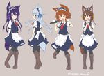 ;d akatsuki_(kantai_collection) alternate_costume animal_ears apron arms_behind_back black_hair blue_eyes boots brown_eyes brown_footwear brown_hair cross-laced_footwear cup dog_ears dog_tail dress_shirt enmaided folded_ponytail hands_clasped hibiki_(kantai_collection) ikazuchi_(kantai_collection) inazuma_(kantai_collection) kantai_collection kemonomimi_mode knee_boots lace-up_boots looking_at_viewer maid maid_headdress multiple_girls necktie one_eye_closed open_mouth own_hands_together pantyhose shirt short_hair silver_hair smile surume_aburi tail teacup thighhighs tray twitter_username waist_apron wavy_mouth 