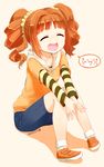  :d ^_^ blush bobby_socks brown_hair closed_eyes dated denim denim_skirt full_body hood hoodie idolmaster idolmaster_(classic) long_hair nagian open_mouth orange_shirt scrunchie shirt shoes sitting skirt smile socks solo striped striped_sleeves takatsuki_yayoi twintails 