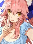  bad_id bad_twitter_id breasts cleavage fangs fate/extra fate_(series) hair_ornament long_hair medium_breasts pink_hair reaching_out self_shot solo tamamo_(fate)_(all) tamamo_no_mae_(fate) v wada_aruko yellow_eyes 