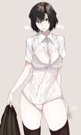  black_bra black_legwear blue_eyes bra breasts brown_hair dress_shirt holding large_breasts looking_at_viewer ogros open_mouth original panties see-through shirt short_hair simple_background skirt skirt_removed solo sweat thighhighs underwear wet wet_clothes white_panties 