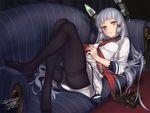  armchair artist_name black_legwear blue_hair breasts chair couch dated dress feet handheld_game_console headgear holding kantai_collection long_hair looking_at_viewer lying murakumo_(kantai_collection) no_shoes on_back orange_eyes panties panties_under_pantyhose pantyhose playstation_portable rokuwata_tomoe sailor_dress short_dress signature silver_hair small_breasts solo twitter_username underwear white_panties 